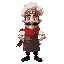 an italian chef, he wears a kitchen apron, a bandana, has a thick mustache and a big nose. he has a red scarf tied around his neck, he wears black pants and black shoes and a short-sleeved t-shirt.