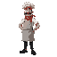 an italian chef, he wears a kitchen apron, a bandana, has a thick mustache and a big nose. he has a red scarf tied around his neck, he wears black pants and black shoes and a short-sleeved t-shirt.