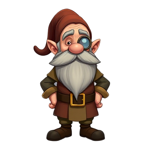 create a fantasy character design of an elderly gnome. he has a long, bushy beard that's only grown on one side of his face, leaving the other half clean-shaven or patchy. he wears a monocle over one 