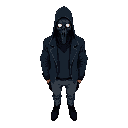  man wearing a black plague doctor mask without the hat, with eyes as pale as the sky, a dark blue jacket, a black shirt, and grey pants
