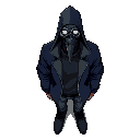  man wearing a black plague doctor mask without the hat, with eyes as pale as the sky, a dark blue jacket, a black shirt, and grey pants