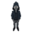 man wearing a black plague doctor mask without the hat, with eyes as pale as the sky, a dark blue jacket, a black shirt, and grey pants
