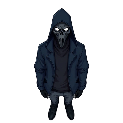  man wearing a black plague doctor mask without the hat, with eyes as pale as the sky, a dark blue jacket, a black shirt, and grey pants