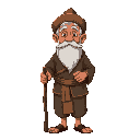 an old man wearing javanese lurik clothing, wearing a blangkon and a white beard, also carrying a stick.