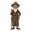 an old man wearing javanese lurik clothing and batik trousers, wearing a blangkon and a white beard, also carrying a stick.
