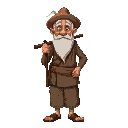 an old man wearing javanese lurik clothing and batik bottoms, wearing a blangkon and a white beard, also carrying a stick