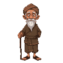 an old man wearing javanese lurik clothing, wearing a head covering and a thin white beard, also carrying a stick.