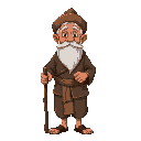 an old man wearing javanese lurik clothing, wearing a blangkon and a white beard, also carrying a stick.