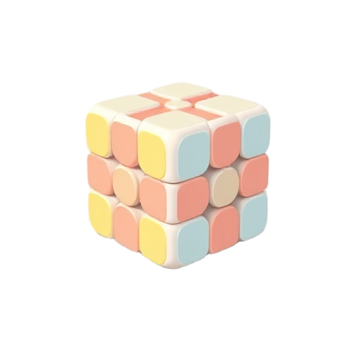 minimalist cute rubik's cube, pastel colors, smooth rounded edges, 3d cartoon style, soft lighting, clean design, subtle reflections, playful, transparent background