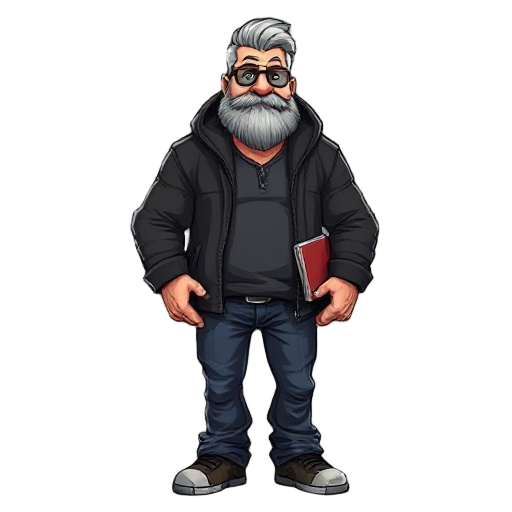 um homem branco, com seus 50 anos, alto, gordo, com um casaco preto de banda de rock, cabelo e barba grande, marrons, olhos castanhos, óculos, calça jean e mochila de notebook nas costas