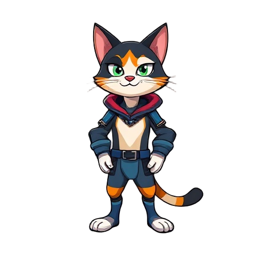 um gato tricolor que consegue utilizar uma armadura mistica azul e preta com um canhão nas costas da armadura