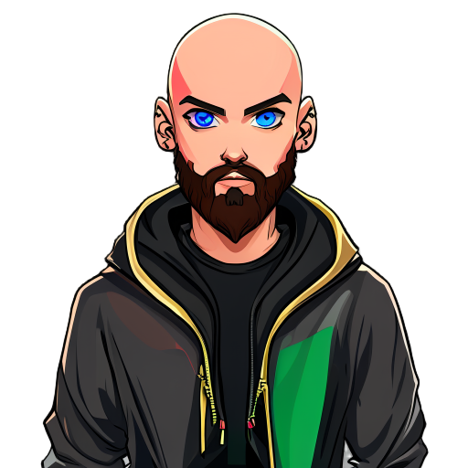 features a clean cleanly shaved bald head, a neatly trimmed dark brown beard, deep blue eyes and a hoodie with black, green, gold, and white color scheme open over a solid black shirt, include a red wedding ring on the left ring finger