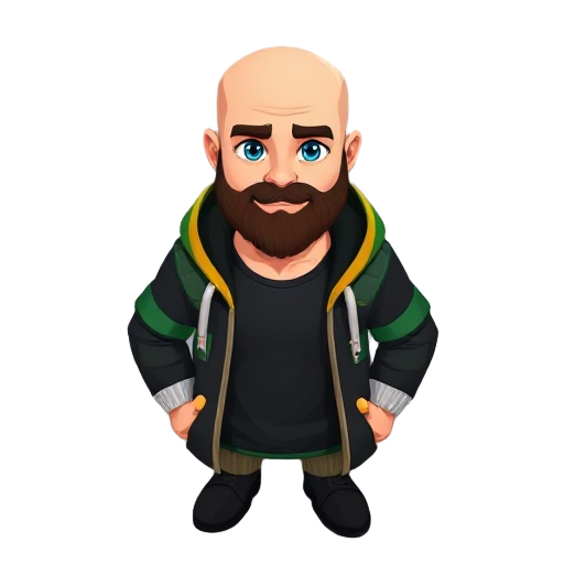 features a clean cleanly shaved bald head, a neatly trimmed dark brown beard, deep blue eyes and a hoodie with black, green, gold, and white color scheme open over a solid black shirt, include a red wedding ring on the left ring finger