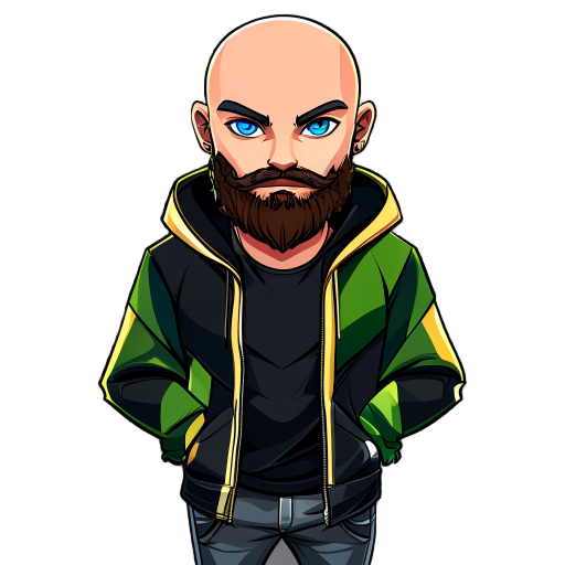 features a clean cleanly shaved bald head, a neatly trimmed dark brown beard, deep blue eyes and a hoodie with black, green, gold, and white color scheme open over a solid black shirt, include a red wedding ring on the left ring finger