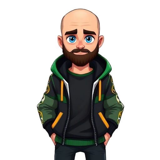 features include clean slightly shiny cleanly shaved bald head, a neatly trimmed dark brown beard, bright blue eyes.stylish hoodie with black, green, gold, and white color scheme open over a solid black shirt with green