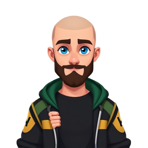 features a clean cleanly shaved bald head, a neatly trimmed dark brown beard, deep blue eyes and a hoodie with black, green, gold, and white color scheme open over a solid black shirt, include a red wedding ring on the left ring finger