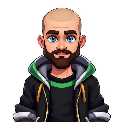 features include clean slightly shiny cleanly shaved bald head, a neatly trimmed dark brown beard, bright blue eyes.stylish hoodie with black, green, gold, and white color scheme open over a solid black shirt with a green stripe, keep the hoodie ruffled a