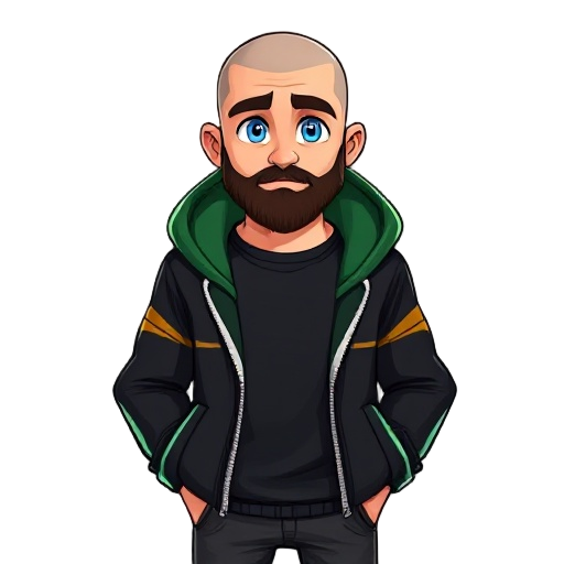 features include clean slightly shiny cleanly shaved bald head, a neatly trimmed dark brown beard, bright blue eyes.stylish hoodie with black, green, gold, and white color scheme open over a solid black shirt with green