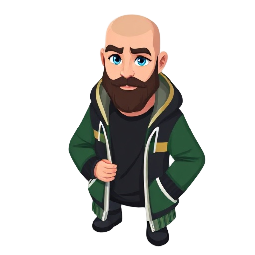 pixelated features a clean cleanly shaved bald head, a neatly trimmed dark brown beard, deep blue eyes and a hoodie with black, green, gold, and white color scheme open over a solid black shirt, include a red wedding ring on the left ring finger