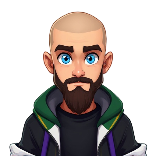features include clean slightly shiny cleanly shaved bald head, a neatly trimmed dark brown beard, bright blue eyes.stylish hoodie with black, green, gold, and white color scheme open over a solid black shirt with a green stripe, keep the hoodie ruffled a