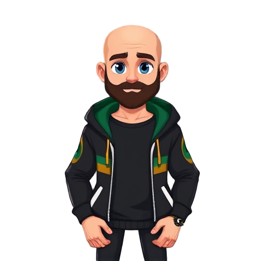 features a clean cleanly shaved bald head, a neatly trimmed dark brown beard, deep blue eyes and a hoodie with black, green, gold, and white color scheme open over a solid black shirt, include a red wedding ring on the left ring finger