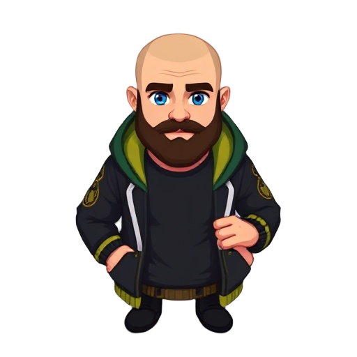 pixelated features a clean cleanly shaved bald head, a neatly trimmed dark brown beard, deep blue eyes and a hoodie with black, green, gold, and white color scheme open over a solid black shirt, include a red wedding ring on the left ring finger