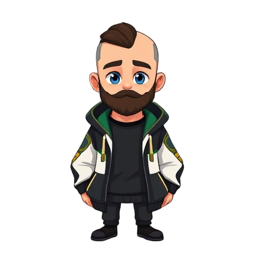 features a clean cleanly shaved bald head, a neatly trimmed dark brown beard, deep blue eyes and a hoodie with black, green, gold, and white color scheme open over a solid black shirt