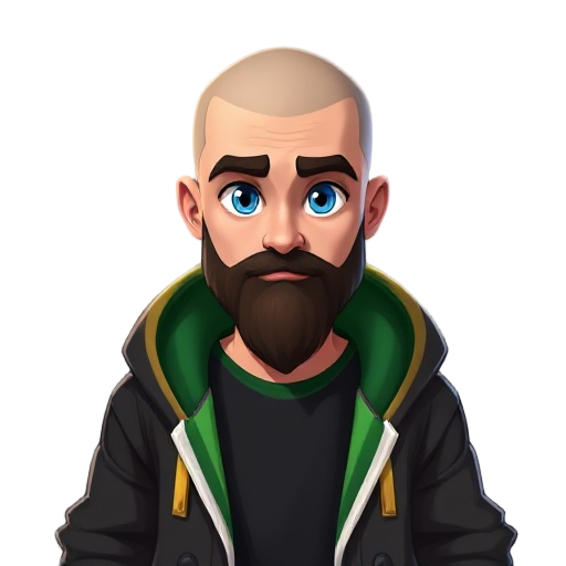 features include clean slightly shiny cleanly shaved bald head, a neatly trimmed dark brown beard, bright blue eyes.stylish hoodie with black, green, gold, and white color scheme open over a solid black shirt with green