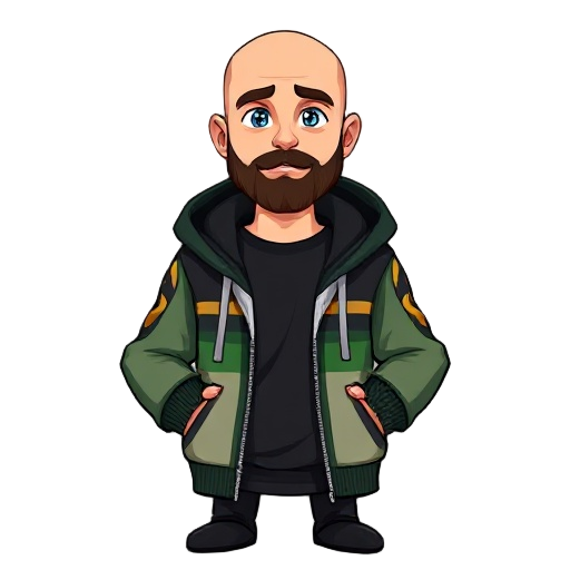 features a clean cleanly shaved bald head, a neatly trimmed dark brown beard, deep blue eyes and a hoodie with black, green, gold, and white color scheme open over a solid black shirt, include a red wedding ring on the left ring finger