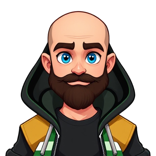features include clean slightly shiny cleanly shaved bald head, a neatly trimmed dark brown beard, bright blue eyes.stylish hoodie with black, green, gold, and white color scheme open over a solid black shirt with green