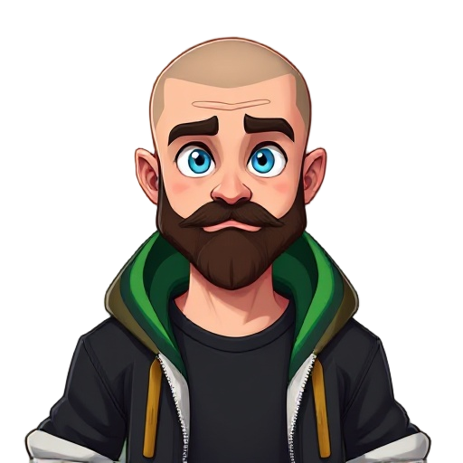 features include clean slightly shiny cleanly shaved bald head, a neatly trimmed dark brown beard, bright blue eyes.stylish hoodie with black, green, gold, and white color scheme open over a solid black shirt with a green stripe, keep the hoodie ruffled a