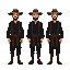 humanoid style  medieval dark humans,  human posture,  man  hat  black clothes  standing, wearing clothes and a clear posture when walking. designed for a retro style farm simulation game.