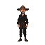 humanoid style  dark medieval human,  human posture,  man  hat  black clothes  standing, with clothes and a clear posture when walking. designed for a retro style farm simulation game.