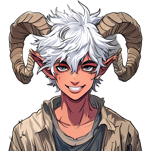 young adult demon with thick, spiky, wild white hair in anime style. twisted ram-like horns spiraling forward. wears old torn clothes. looks happy and kind.