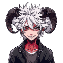young adult demon with thick, spiky, wild white hair in anime style. twisted ram-like horns spiraling forward. wears old torn clothes. looks happy and kind.