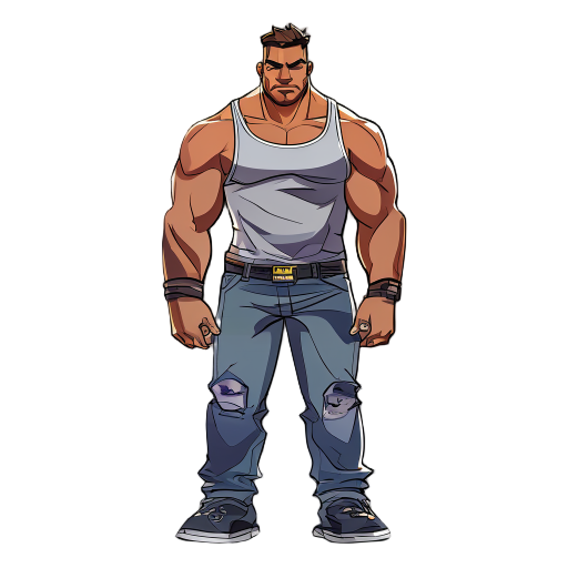 short muscular bodyguard in a tanktop and jeans