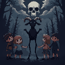 children with melancholic expressions form a circle, holding hands with a black goat standing on two legs. in a dark forest, and in the sky, the clouds form a skull. 