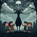children with melancholic expressions form a circle, holding hands with a black goat standing on two legs. in a dark forest, and in the sky, the clouds form a skull. 