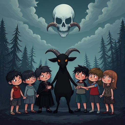 children with melancholic expressions form a circle, holding hands with a black goat standing on two legs. in a dark forest, and in the sky, the clouds form a skull. 