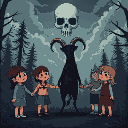 children with melancholic expressions form a circle, holding hands with a black goat standing on two legs. in a dark forest, and in the sky, the clouds form a skull. 