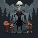 children with melancholic expressions form a circle, holding hands with a black goat standing on two legs. in a dark forest, and in the sky, the clouds form a skull. 