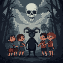 children with melancholic expressions form a circle, holding hands with a black goat standing on two legs. in a dark forest, and in the sky, the clouds form a skull. 