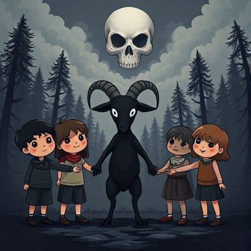 children with melancholic expressions form a circle, holding hands with a black goat standing on two legs. in a dark forest, and in the sky, the clouds form a skull. 