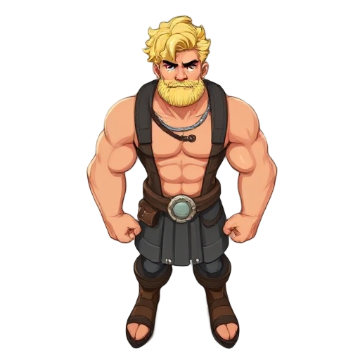 a strong man with curly blonde hair, heroic, big, imponent