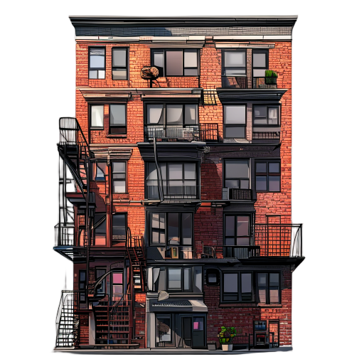 a full frontal view of a new york apartment building, showing detailed brickwork, fire escapes, windows with curtains, and urban texture. realistic lighting, daylight scene. no background, isolated on transparent background. american comic style