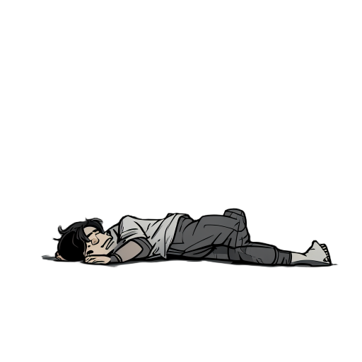  person lying on the ground, unconscious. the style is a dark american comic