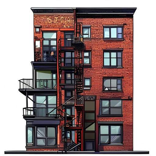 a full frontal view of a new york apartment building, showing detailed brickwork, fire escapes, windows with curtains, and urban texture. american comic style. no background, isolated on transparent background.