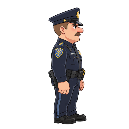 a new york city police officer in full uniform seen from a side profile, standing straight, detailed nypd badge, utility belt, police hat,