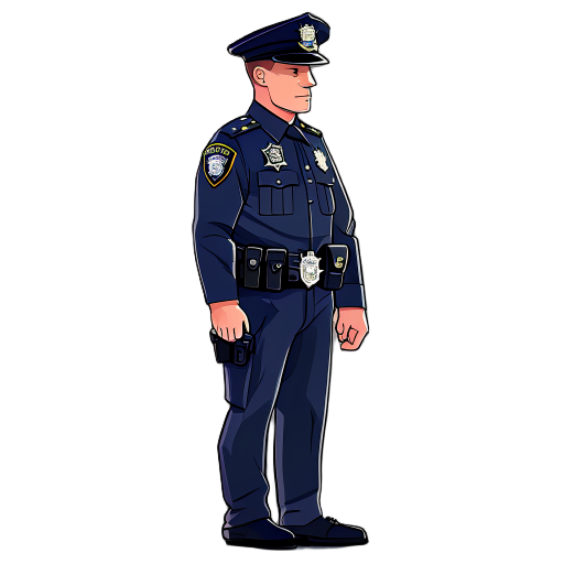 a new york city police officer in full uniform seen from a side profile, standing straight, detailed nypd badge, utility belt, police hat,