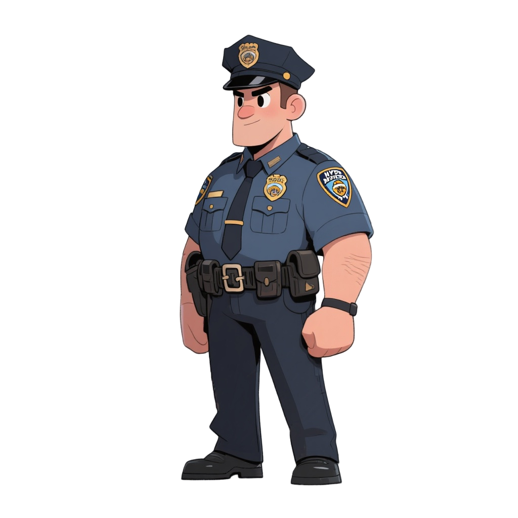 a new york city police officer in full uniform seen from a side profile, standing straight, detailed nypd badge, utility belt, police hat,